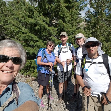 The 2nd gang - Janice, Marlys, Michael, Bonnie and Mo posing along the trail